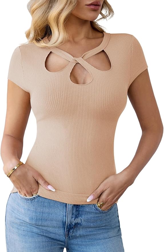 Pink Queen Sexy Tops for Women Cutout Keyhole Neck Cap Sleeve Shirts Casual Summer Clothes 2026 Fashion