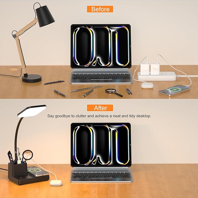 Wireless Charging Desk Lamp USB Charging & Pen Holder, Matte Black | CRI 95, 800LM, Stepless Dimming, 3 Modes, 360°Flexible Arm, Touch, Study Table Lamp for Home Office, Dorm Room, with Adapter