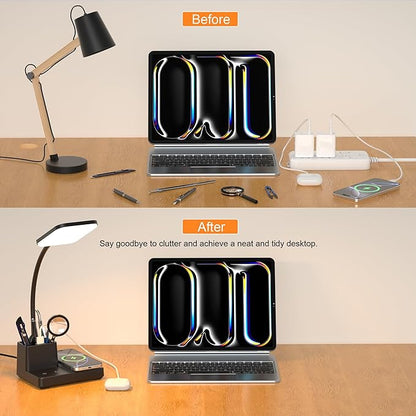 Wireless Charging Desk Lamp USB Charging & Pen Holder, Matte Black | CRI 95, 800LM, Stepless Dimming, 3 Modes, 360°Flexible Arm, Touch, Study Table Lamp for Home Office, Dorm Room, with Adapter
