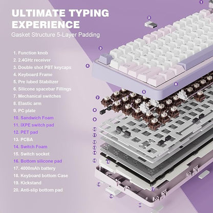 YUNZII B75 PRO 75% Wireless Mechanical Keyboard (Purple, Cocoa Cream V2) | Hot Swap Keyboard with Knob, Gasket Mount, Creamy Pre-lubed Switch for Smooth Typing, BT/USB-C/2.4G, for Gaming