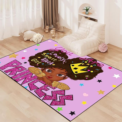 Black Girl Area Rug for Bedroom Cute African American Girls Floor Rugs Black Girls for Bedroom Large Rugs Purple Room Decor for Teen Girls Living Room Rug for Girls Room, 4'5'' × 6'