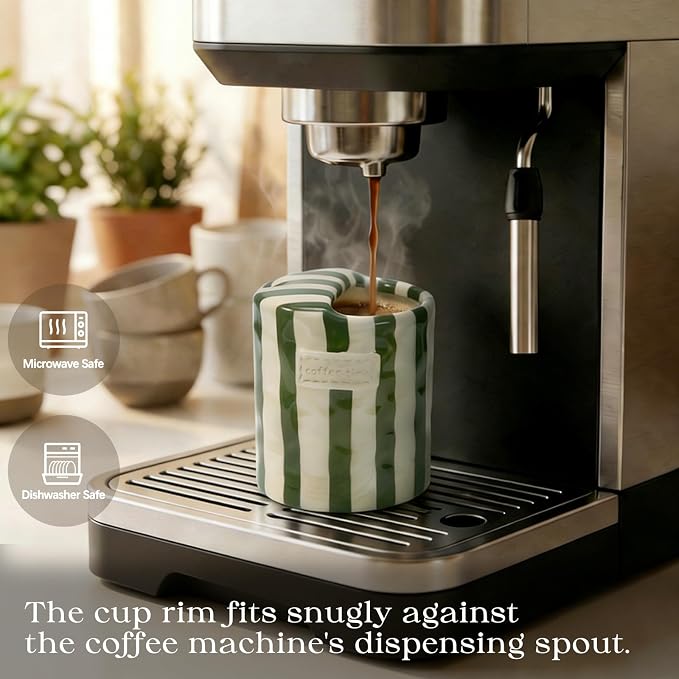 Ceramic Coffee Mug with Lid, Ceramic Travel Mug with Straw Hole, 12oz Retro Striped To Go Coffee Mug for Hot & Cold Drinks, Microwave & Dishwasher Safe，Green
