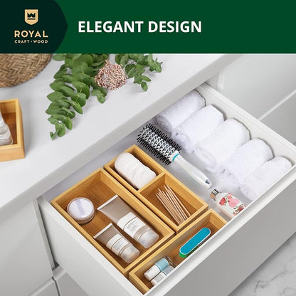 ROYAL CRAFT WOOD Luxury Bamboo Drawer Organizer Storage Box, Bin Set - Multi-Use Drawer Organizer for Kitchen, Bathroom, Office Desk, Makeup, Jewelry (3 Boxes)