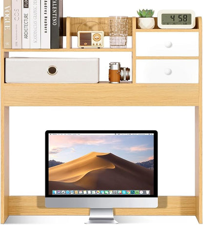 YGYQZ Wood Desk Shelf Organizer, Desk Hutch Top Only, Countertop Storage Hutch with 4 Shelves for Computer Desk，2-Tier with Cabinet Door Rack for Office, Home, Dorm，Natural