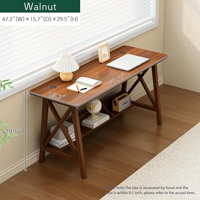 NELYE Extra Long Writing Desk with Bookshelf, 47" Wx16 Dx30 H, Walnut | Wooden Home Office Work Study Table, Computer Gaming Workstation with Storage Shelf, Sturdy MDF Resists Wobble
