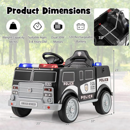 Costzon Ride on Police Car, 12V Battery Powered Electric Cop Cars for Kids w/3 Speeds, Megaphone, Music, FM Radio, Flashing Lights, Sirens, Ride on Toy w/Remote Control for Boys Girls 3+(Police Truck)