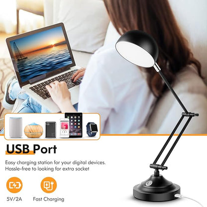 Touch Control LED Desk Lamp with USB Charging Port, Architect Black Metal Lamp with Adjustable Swing Arm, Dimmable Modern Table Lamp for Home Office Reading Study, 3000K/4000K/5000K 3 Color Modes