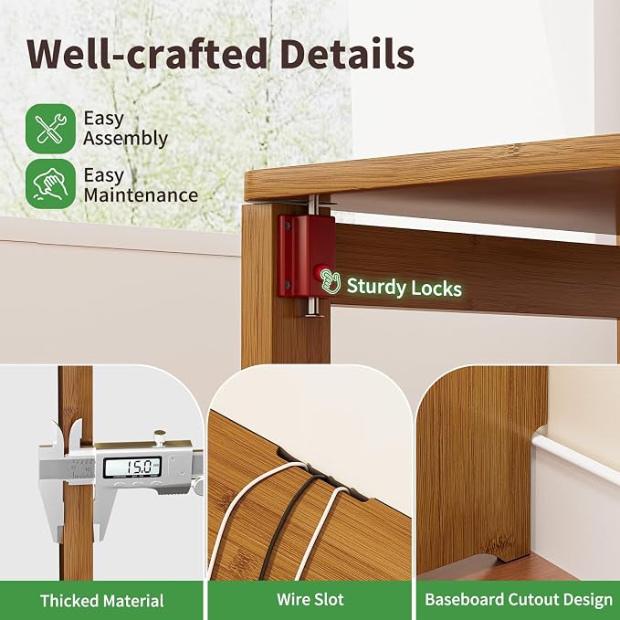 Folding Desk for Small Spaces, Bamboo Foldable Desk with Storage, Brown | Small Computer Desk with Bookshelf, Mid Century, Fold Out，Compact Size, for Bedroom, Living Room, Apartment, Home Office
