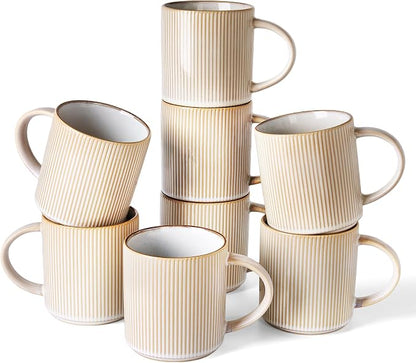 famiware Coffee Mug Set for 8, Star 16 oz Catering Mugs Cup Set with Handle for Coffee, Tea, Cocoa, Milk - Ceramic Stoneware Drinkware Set, Cappuccino White