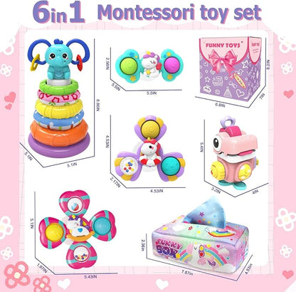 4 in 1 Baby Toys 6 to 12 Months,Learning Toys for Babies 6 12 18 Months, Infant Toys Stacking Rings,Busy Cube,Spinner Toys,Tissue Box Toy,Sensory Educational Gift for Toddlers Aged 1-3