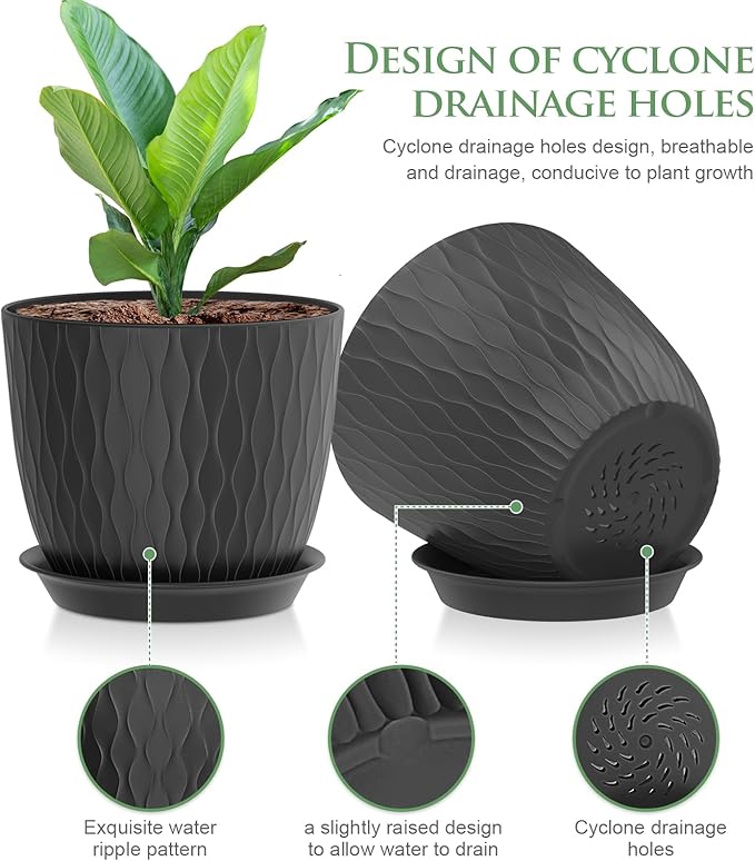 7 inch Plant Pots, 5 Pack Flower Pots with Drainage Holes and Saucers for Indoor Plants, Plastic Planters with Water Ripple for Small Garden House Plants, Nursery Pots for Succulent, Black