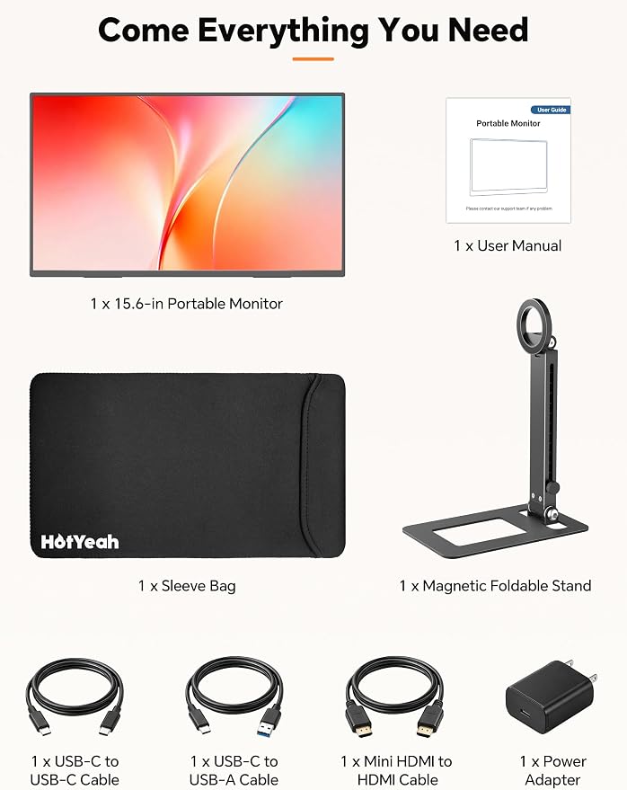 HotYeah Travel Portable Monitor with Stand, w/Magnetic Stand & Speaker | 15.6" 1080P 125% sRGB USB-C HDMI HDR External Display, 2nd Screen for Laptop MacBook Computer Phone Tablet Switch PS5 Xbox