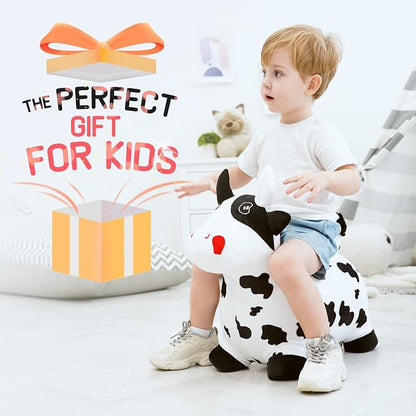 Bouncy Hopper Horse Cow Toys, Inflatable Bouncing Animal Hopping Toys, Outdoor Indoor Ride on Bouncer, Boys Girls Birthday Gift for 18 Month 2 3 4 5 6 Year Old Kid- Plush Cow Toy