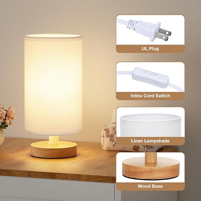 Fenmzee Small Table Lamps (White Shade - Wood Base, 9" Inline Control) | 3000K LED Blub Included | 680 Lumens | Easy Assembly | Minimalist Design | E26 | for Kitchen | for Kids Room