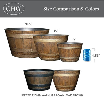 Classic Home and Garden Whiskey Plastic Resin Flower Pot Barrel Planter, Walnut Brown, 20.5" (Pack of 3)