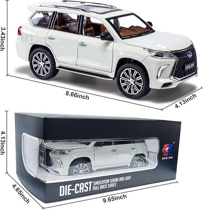 Diecast car Model 1/24 Scale - Zinc Alloy Pull Back Toy car with Sound and Light, Collectible Toys Vehicle for Adults and Boys Girls (White)