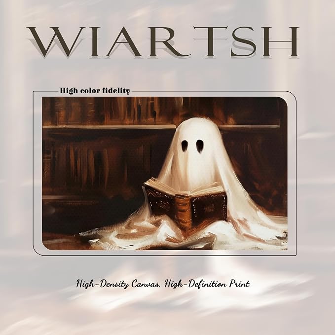 Framed Vintage Library Ghost Wall Art - Ghost Reading Canvas Print Halloween Decor, Gothic Victorian Dark Academia Halloween Wall Decor for Bedroom Office 12x16 inch Wood Frame