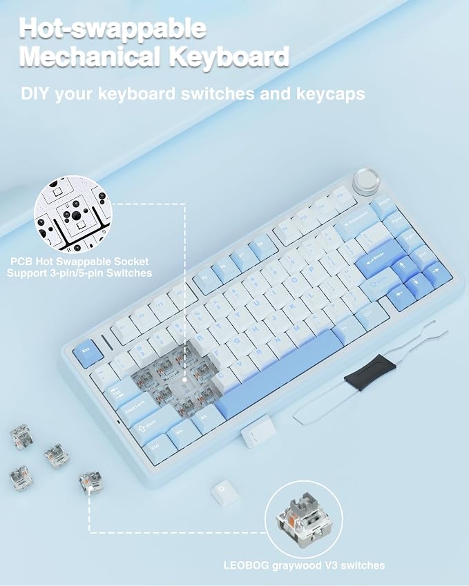 AULA F75 75% Wireless Mechanical Keyboard, Hot Swappable Creamy Keyboard, Pre-lubed Greywood Switches RGB Backlit Gaming Keyboards, 2.4GHz/Type-C/BT5.0(Salt White Blue)