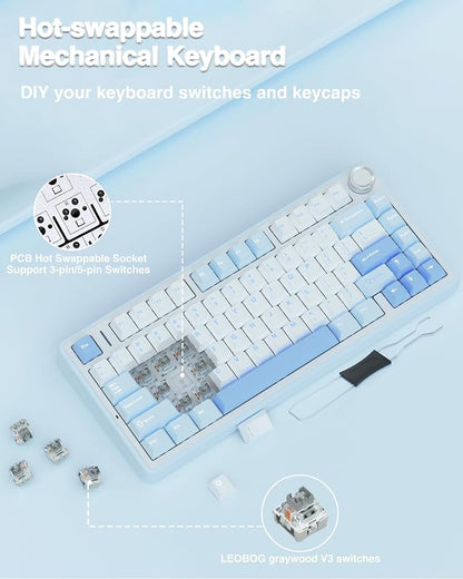AULA F75 75% Wireless Mechanical Keyboard, Hot Swappable Creamy Keyboard, Pre-lubed Greywood Switches RGB Backlit Gaming Keyboards, 2.4GHz/Type-C/BT5.0(Salt White Blue)