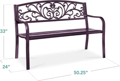 Best Choice Products Outdoor Bench Steel Garden Patio Porch Furniture for Lawn, Park, Deck w/Floral Design Backrest, Slatted Seat - Purple