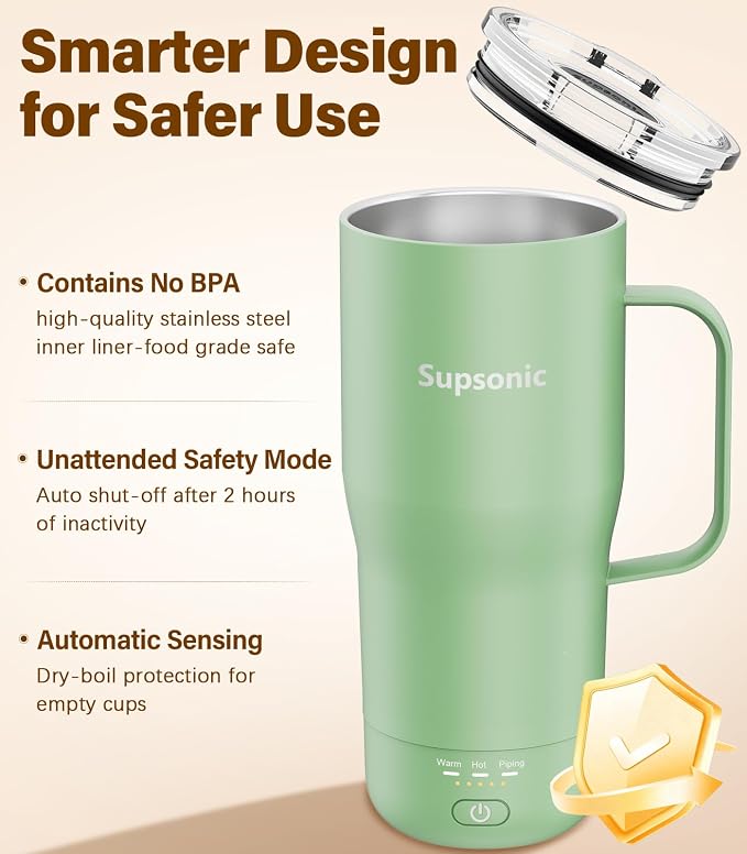 Supsonic Heated Coffee Mug Rechargeable, 20oz Long-Lasting Battery (S3) | Dry-burn protection, 2Hr auto-off, 3-Temp settings, Constant temperature, Inner stainless steel, Warm gift for men women