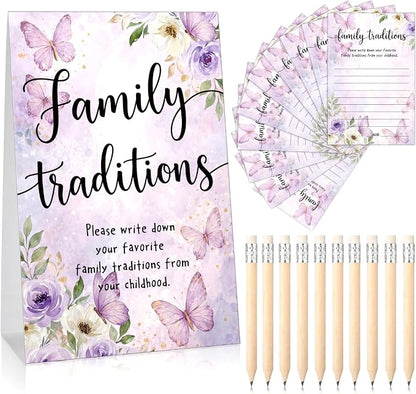 Fumete 61 Pieces Family Tradition Baby Shower Games Include 1 Family Traditions Standing Sign and 50 Activities Cards with 10 Pencils for Gender Reveal Bridal Shower Wedding(Purple,Butterfly)