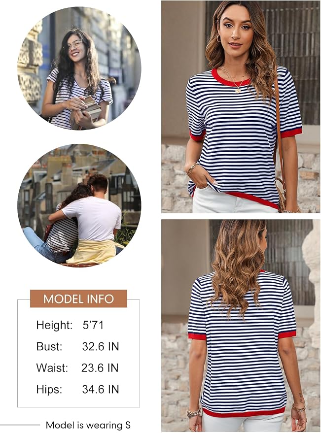 Dokotoo Womens Tops 2026 Casual Summer Crewneck Short Sleeve Striped Color Block Knit High Low Trendy Pullover Sweaters