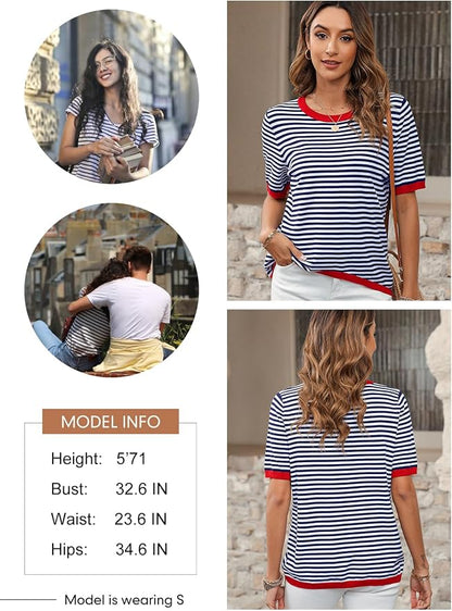 Dokotoo Womens Tops 2026 Casual Summer Crewneck Short Sleeve Striped Color Block Knit High Low Trendy Pullover Sweaters
