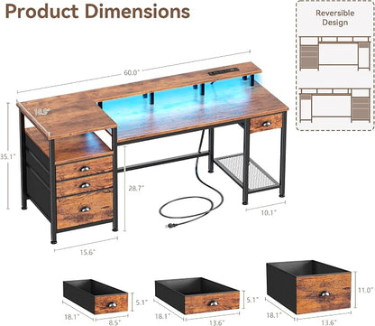 Furologee 60" Computer Desk with 4 Drawers, Power Outlet, LED, Rustic Brown | Home Office Desk with Full Monitor Stand,Storage Shelves, 4 File Drawers Cabinet ,Printer Space for Study Working Bedroom