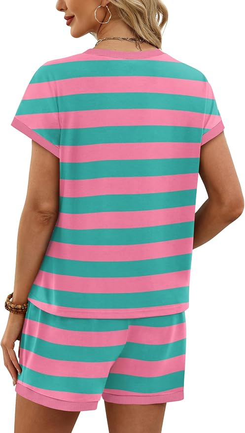 WIHOLL Two Piece Sets for Women Summer Lounge Short Sets Cap Sleeve Crew Neck Sweatsuit with Pocket XS-2XL