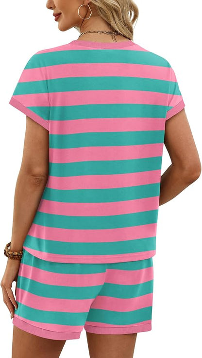WIHOLL Two Piece Sets for Women Summer Lounge Short Sets Cap Sleeve Crew Neck Sweatsuit with Pocket XS-2XL