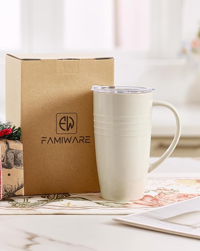 famiware Jupiter Large Coffee Mug, 20oz Coffee Mug with Lid, Ceramic Mugs Set of 4, Cup Set with Handle for Latte, Tea, Cocoa, Milk, Home & Office, Microwave and Dishwasher Safe, Vanilla White