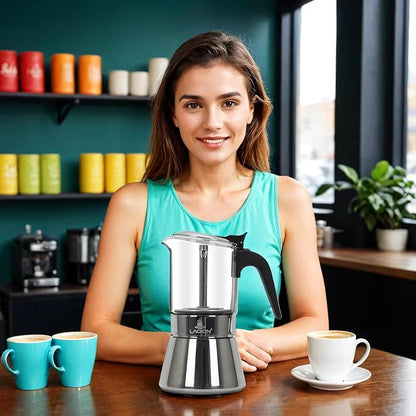 LAOION Stovetop Espresso Maker, 6Cup 240ml Moka Pot, Cuban Coffee Maker | Crystal Glass-top & Stainless Steel Coffee Maker Mocha Pot, Greca De Cafe, Cuban and Italian Coffee Maker for Cafetera Cubana