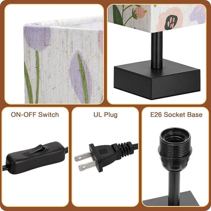 aooshine Small Bedside Table Lamp for Bedroom - Square Floral Fabric Shade | Inline Rocker Switch, Corded Electric, Bulb Not Included, 12.8" Mini Table Lamp for Nightstand, Desk, Dorm, Office