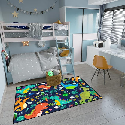 Dinosaur Rugs for Boys Bedroom Cute Dinosaur Area Rug and Leaves Print Dinosaur Rug Kids Rug Play Rug Dinosaur Carpets Cartoon Rug for Playroom Classroom,Blue 2'5''×4'