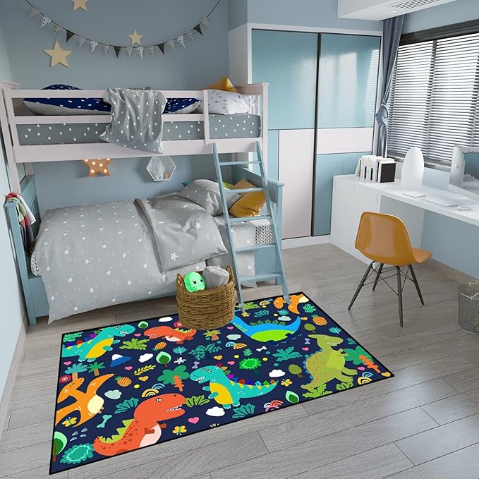 Dinosaur Rugs for Boys Bedroom Cute Dinosaur Area Rug and Leaves Print Dinosaur Rug Kids Rug Play Rug Dinosaur Carpets Cartoon Rug for Playroom Classroom,Blue 3'×4'