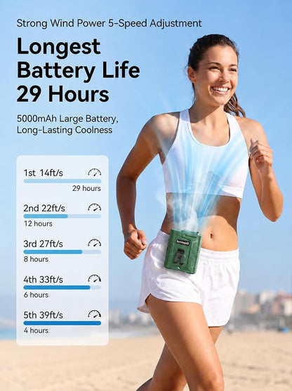 Waist Fan, 5000mAh Rechargeable Belt Clip Fan, 39ft/s Strong Airflow, 5 Speeds, Up to 29H, Wearable Hands-Free Body Cooling with Bottom Air Intake, USB-C for Jobsite Camping Farm