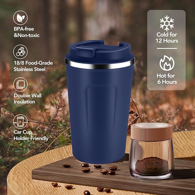 Volhoply 12 oz Double Wall Insulated Vacuum Travel Coffee Mug with Flip Lid,Reusable Stainless Steel Leak Proof Coffee Cup,Portable Iced Cafe Thermal Tumbler Suitable for Hot & Cold Drinks(Navy,1 Set)