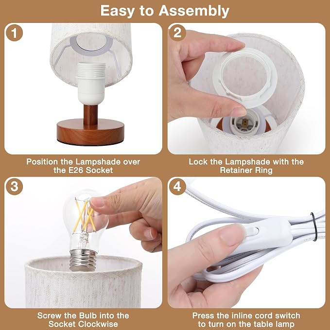 Desk Small Lamps Set of 2 (Cream Shade - Walnut Base, 9" Inline Control) | Two 3000K LED Blubs Included | 680 Lumens | Easy Assembly | Minimalist Design | E26 | for Kitchen | for Kids Room