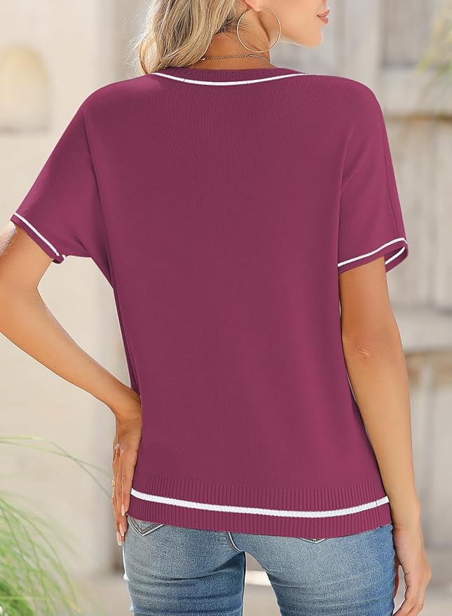 SHEWIN Womens Tops Trendy Short Sleeve Shirts Crewneck Lightweight Knit Sweater Top Business Casual Outfits