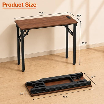 Folding Table Computer Desk - 35.8" No Assembly Folding Desk with Power Outlets & USB Charging Port, Small Desk, Foldable Office Desk, Compact Storage Portable Use for Small Space, Dark Walnut