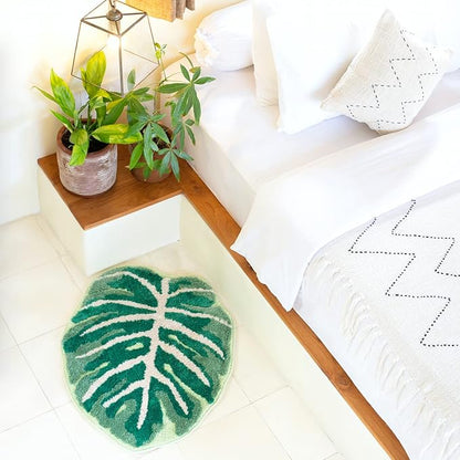 Monstera Non Slip Bath Mat or Kitchen Tufted Rug, Plant Leaf Shaped Kids Pets Floor Mat Carpet, Green, 32" x 24"