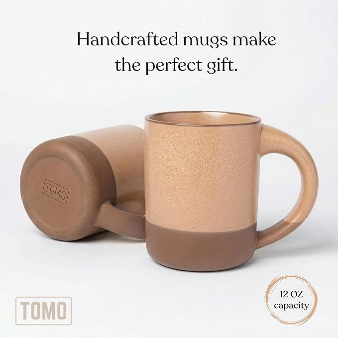TOMO Mugs Set of 2, 12oz Modern Stoneware Coffee Mugs, Large Handle Ceramic Drinkware - Wheat