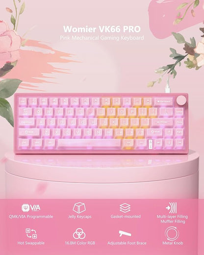 Womier 60% Keyboard QMK/VIA, Pink Gaming Mechanical Keyboard Creamy | Hot Swappable Gasket Mount RGB Wired Jade Keyboard, Jelly Keycaps POM Linear Switch for Windows/MAC(VK66 PRO Jelly)