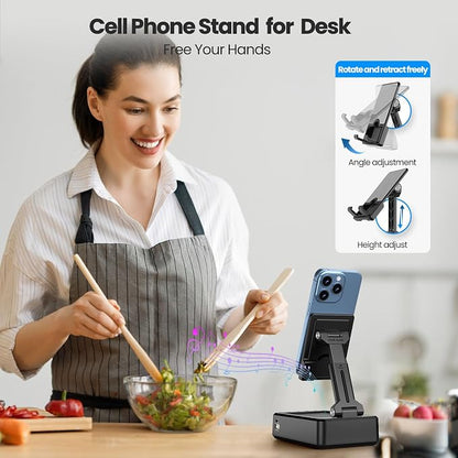 JTEMAN Cell Phone Stand with Bluetooth Speaker and Charging Function, HD Sound Adjustable Phone Holder, Birthday Gifts for Men Women, Cool Tech Kitchen Gadgets for All Phones,Tablet (Black)