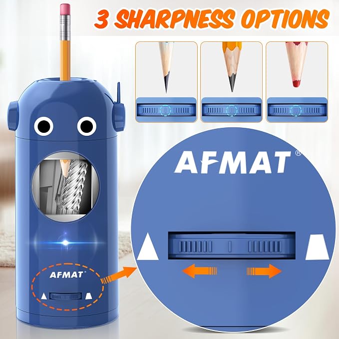 AFMAT Electric Pencil Sharpener for Colored Pencils 7-11.5mm, Fully Automatic Robot Pencil Sharpener, Auto in & Out, Rechargeable Hands-Free for Classroom/Home/Office, Battery Operated, PSX5RB, Blue