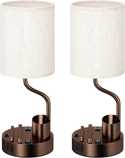 Fenmzee Bedside Lamps for Bedroom Set of 2 - Table Desk Lamp for Nightstand | 15" Table Lamp for Living Room with Pen Holder & Phone Stand, USB A+C Port, AC Outlet, 3 Color Temperature, LED Bulb Included