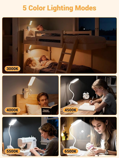Clip on Lamp, 9 Brightness+5 Colors Reading Lights for Books in Bed Lamp | 4000mAh Battery Clip on Light,450 Lumen Rechargeable Desk Lamp for Dorm Lamp,Book Light for Reading in Bed Headboard/Bedside