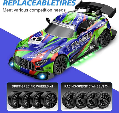 Drift RC Car for Electric Toy Car Hobby Racing Car Toys with Controller,1:24 4WD High Speed RC Drift Cars with LED Lights,Extra Drifting Tires＆Two Batteries,Racing Sport Toy,Vehicle for Adults＆Kids