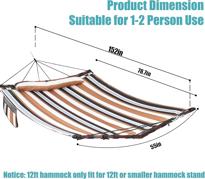 TegerDeger 12FT 2 Person Hammock Large Hammock 450LB Capacity with V Shaped Hardwood Spreader Bar & Nylon Rope for Outside, Patio, Garden, Backyard, Beach, Poolside - Coffee Stripes